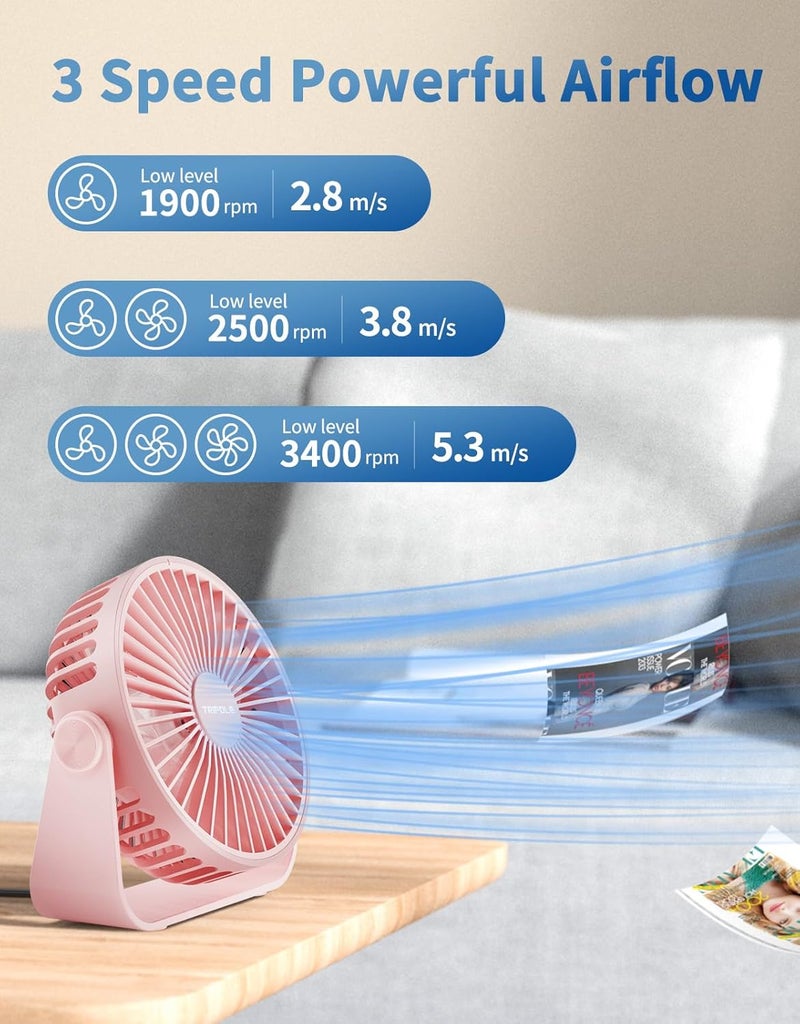 TriPole USB Desk Fan Portable Mini Fan Powerful 3 Speeds Wind Personal Desktop Fan with 360° Head Rotation for Home Office Car Indoor Outdoor Pink, No Battery, 4.5 Inches - Image 4